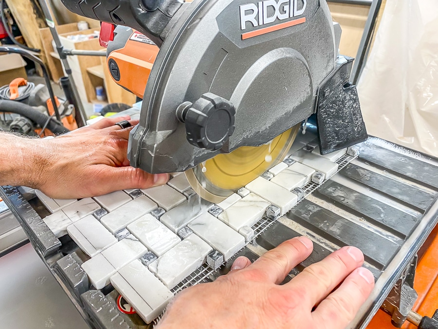 Cutting marble mosaic tile with a tile saw