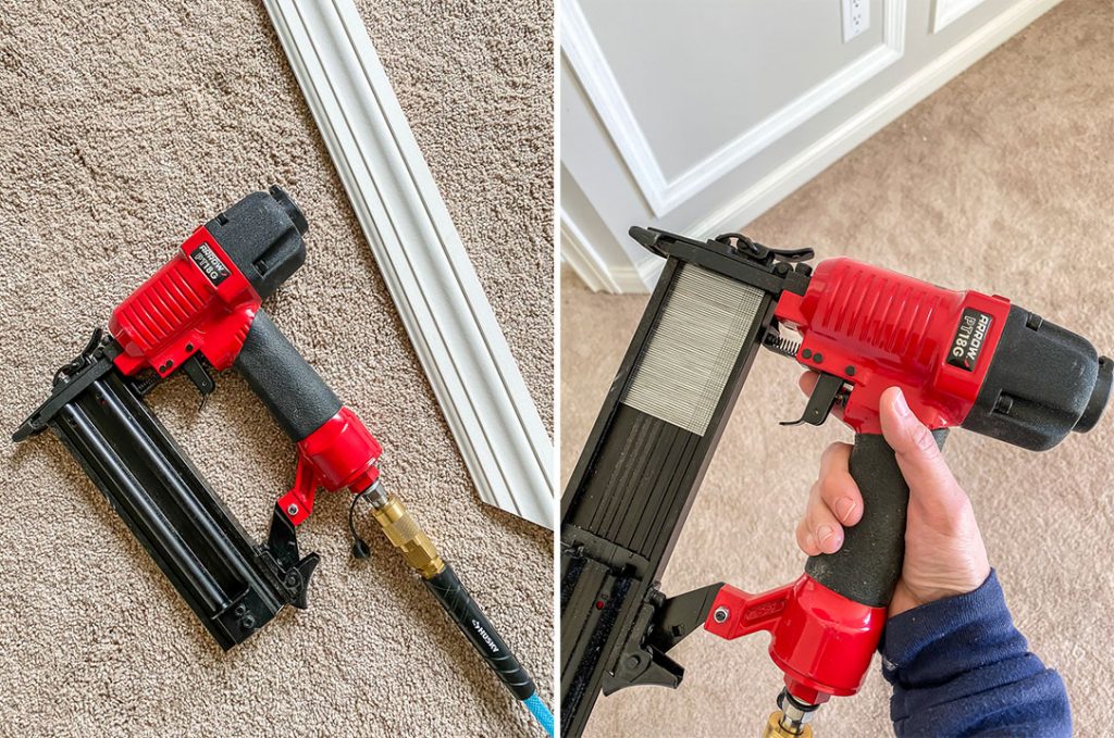 Use a pneumatic brad nailer to nail and glue molding and trim to drywall