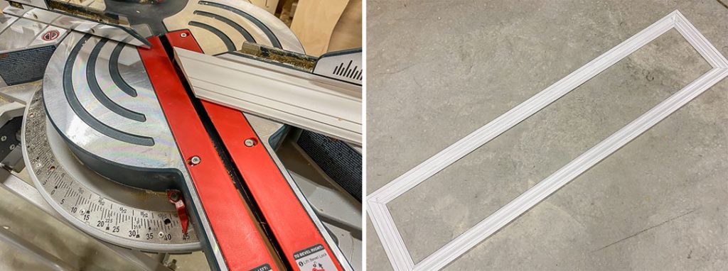 Set the miter saw to 45 degrees to make mitered cuts for trim and wainscoting molding