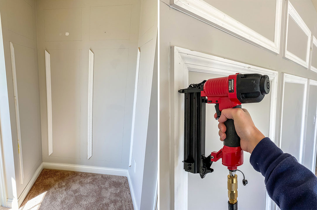 Line up the trim and nail a few nails to secure the trim to the wall