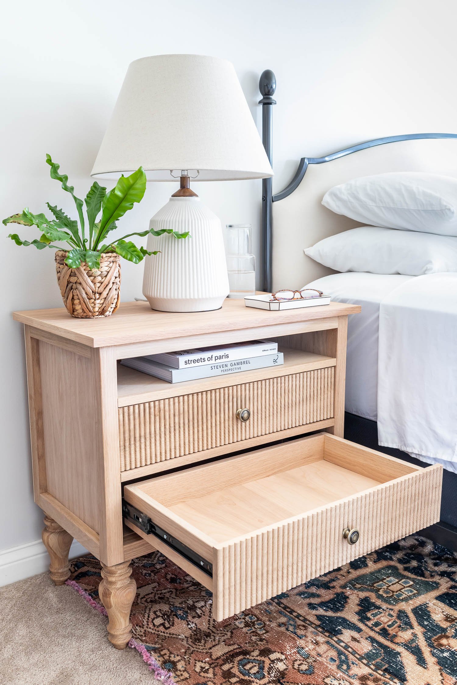 French country / Swedish Gustavian bedside tables - white oak nightstands with beaded drawers 