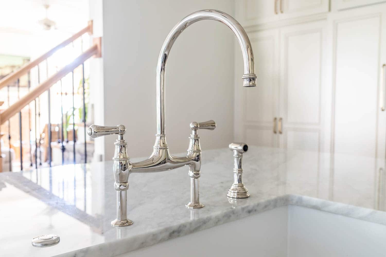 Our Beautiful New Bridge Faucet And Fluted Front Farmhouse Sink   Polished Nickel Bridge Faucet 