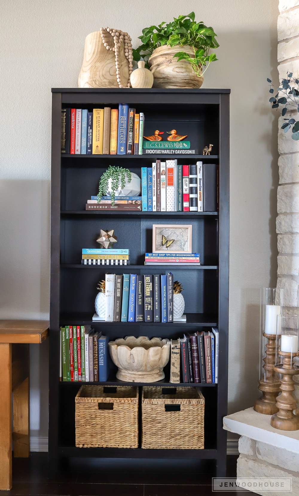 bookshelf and a attic with boxes