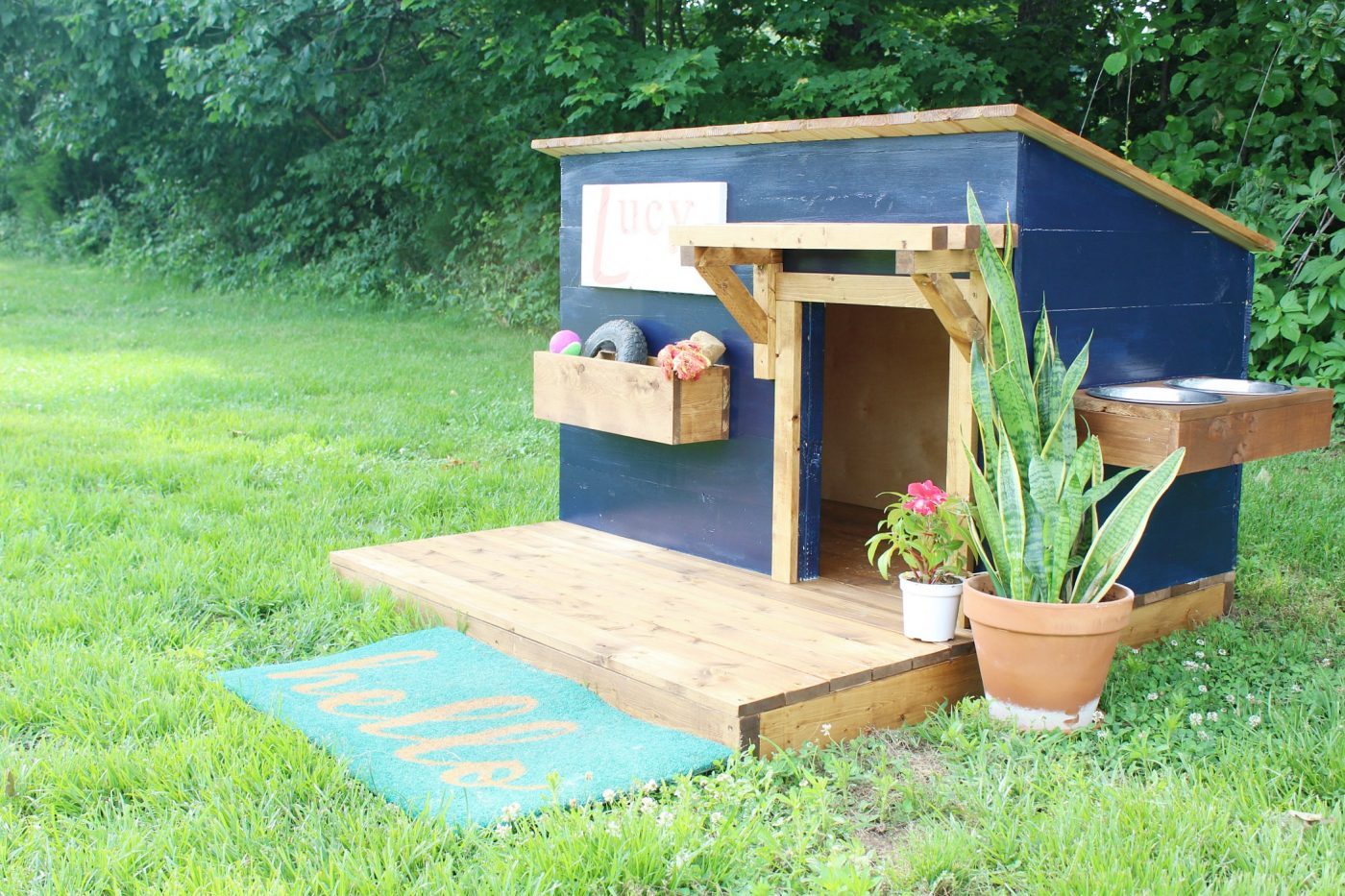 DIY Doghouse with Deck, Toy Box, and Food Bowl