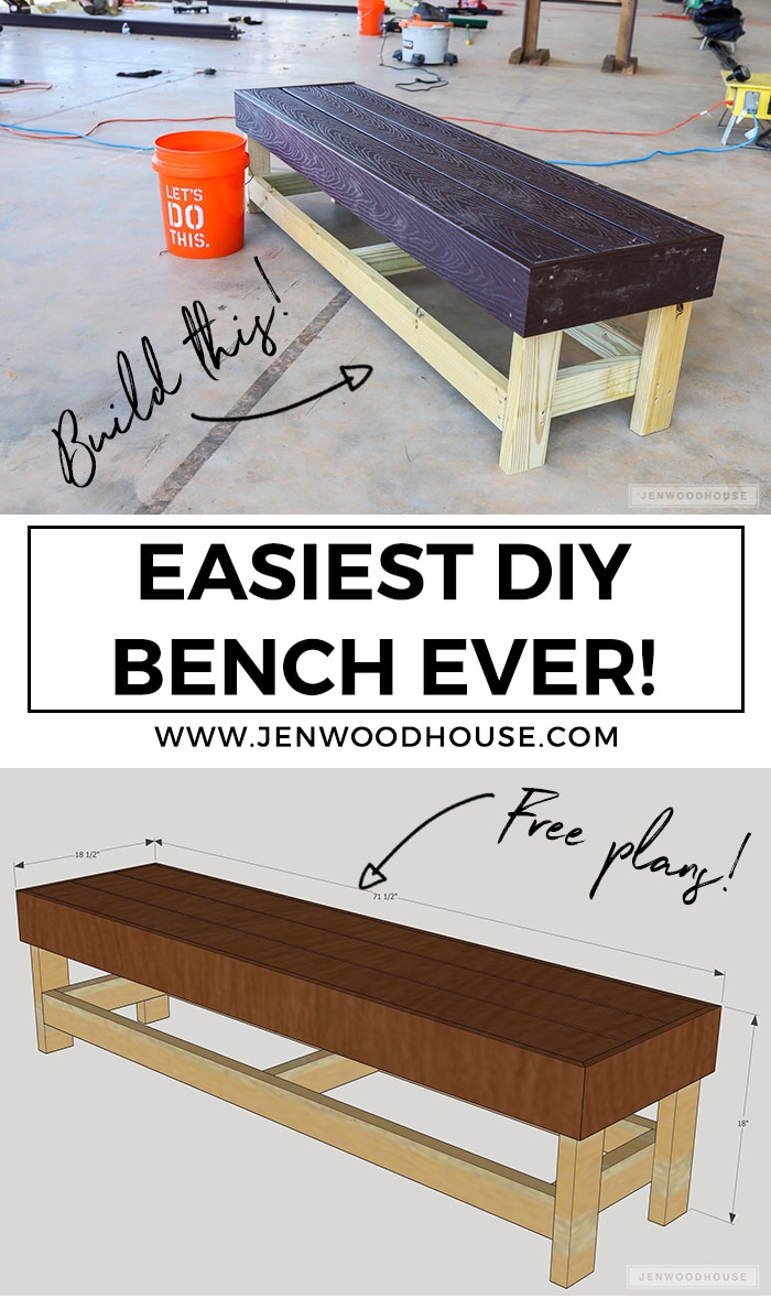 Easy DIY Bench - Build the easiest DIY bench ever! You just need a drill and a saw. Free plans by Jen Woodhouse