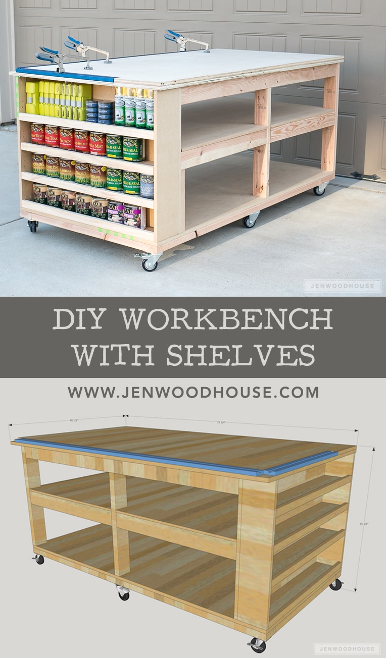 How to build a DIY workbench with shelves. Free plans by Jen Woodhouse