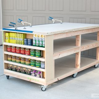 Learn how to build a DIY mobile workbench with shelves and storage for quarts of paint or stain. Add a clamp track to easy clamping capability.